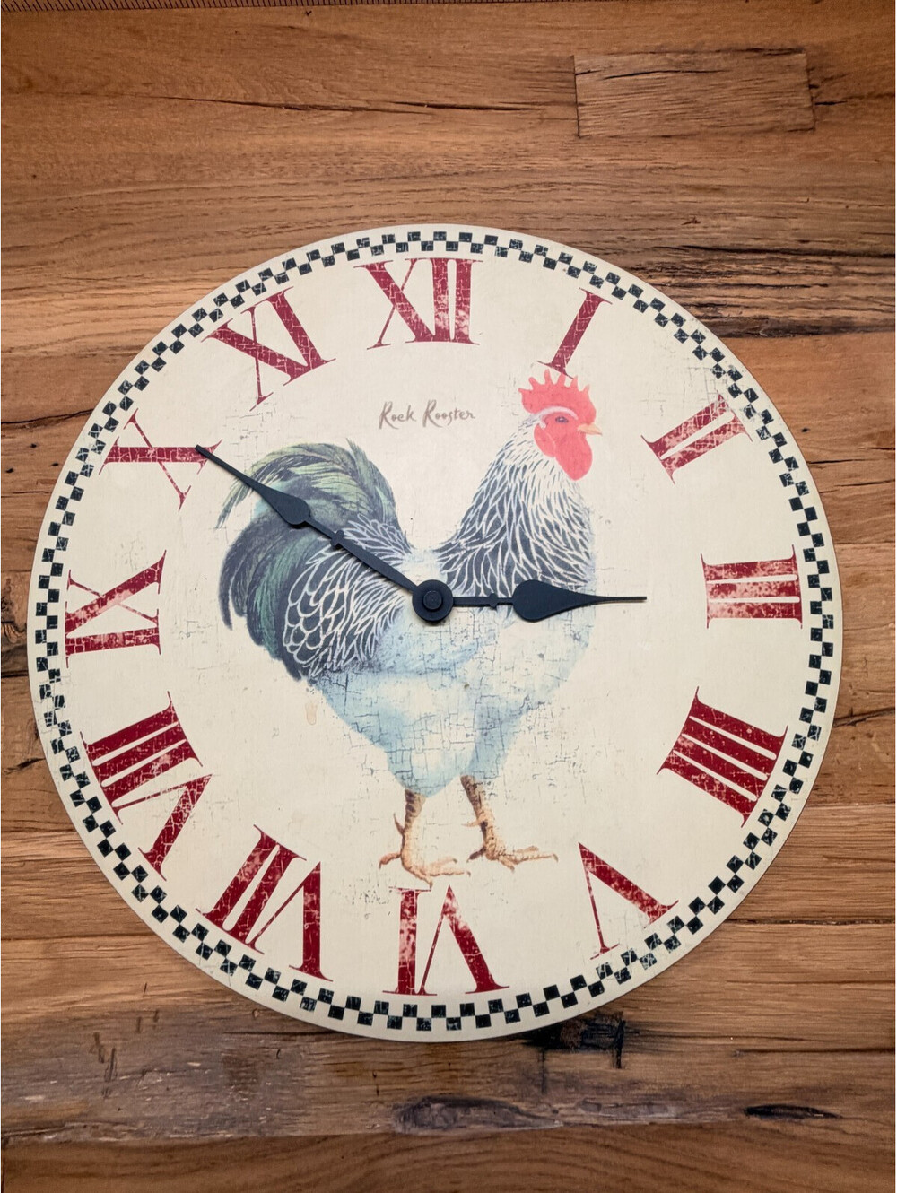 Vintage Farmhouse Kitchen Wall Clock Red Rooster Analog 14” Round Wood Chicken
